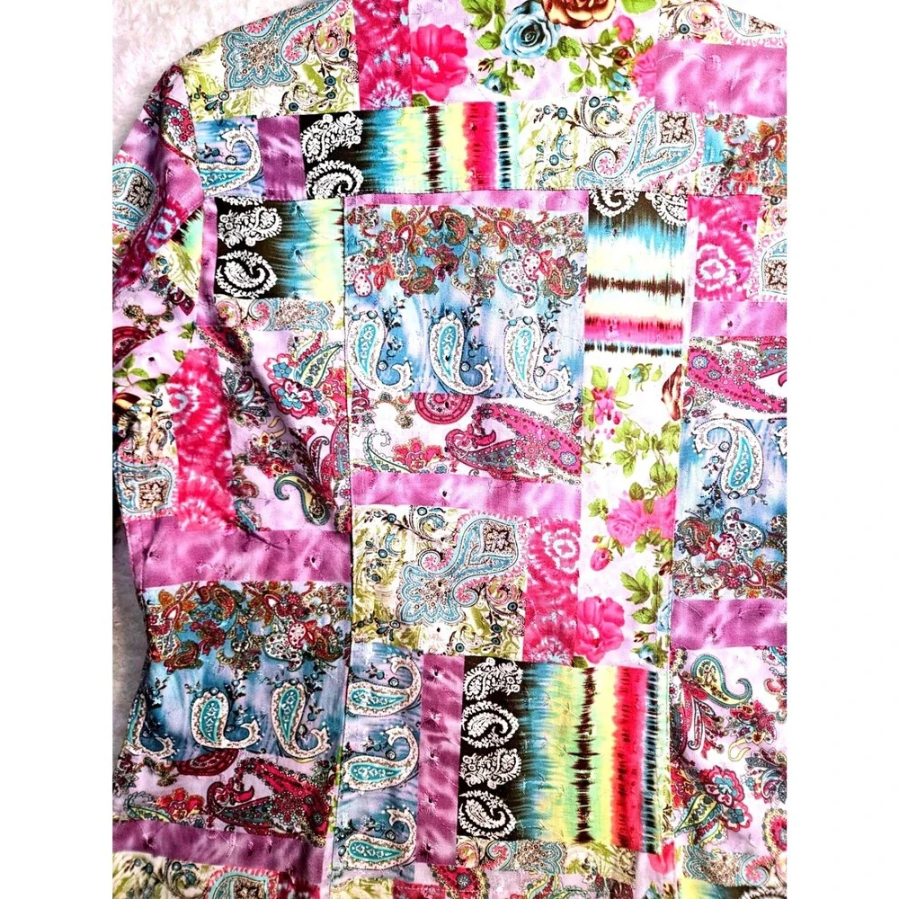 Y2K Artsy Purple Tie Dye Patchwork Print Rose Paisley‎ Jacket Sz Lg Indie #574